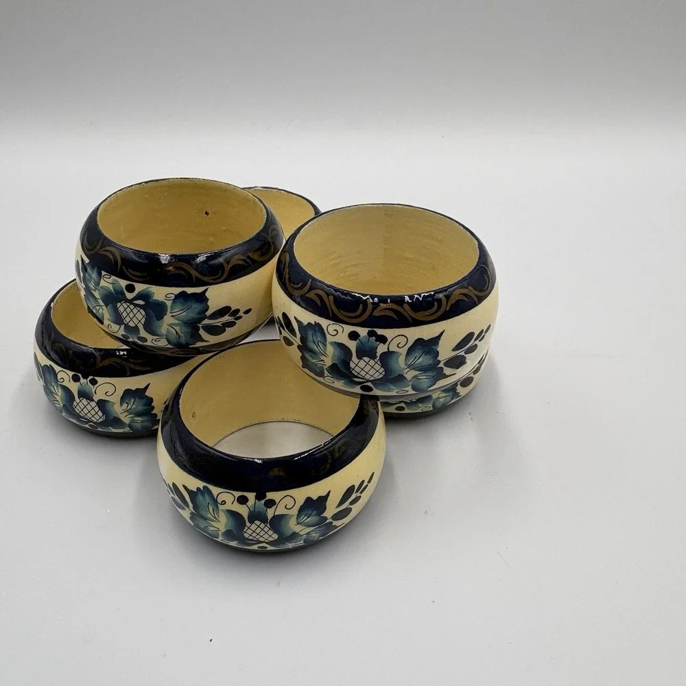 6 Hand Painted Wood Napkin Rings Vintage Blue Floral